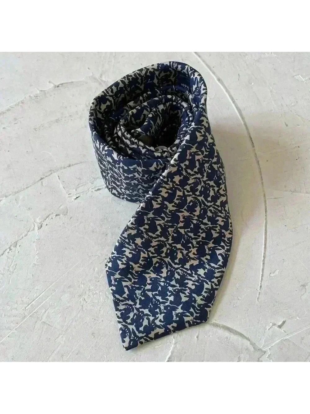HERMES Men's Necktie Tie Silk High Brand All Over Easter Rabbit Pattern Blue